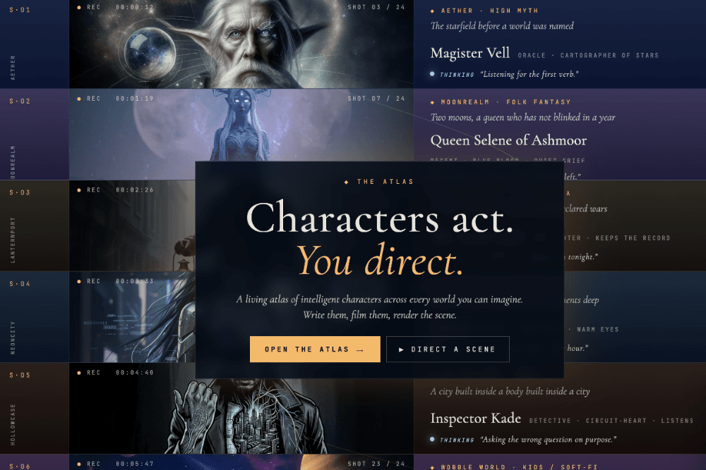 The CharX World atlas: rows of characters from different worlds, each with a name, role and a line of what they are thinking.
