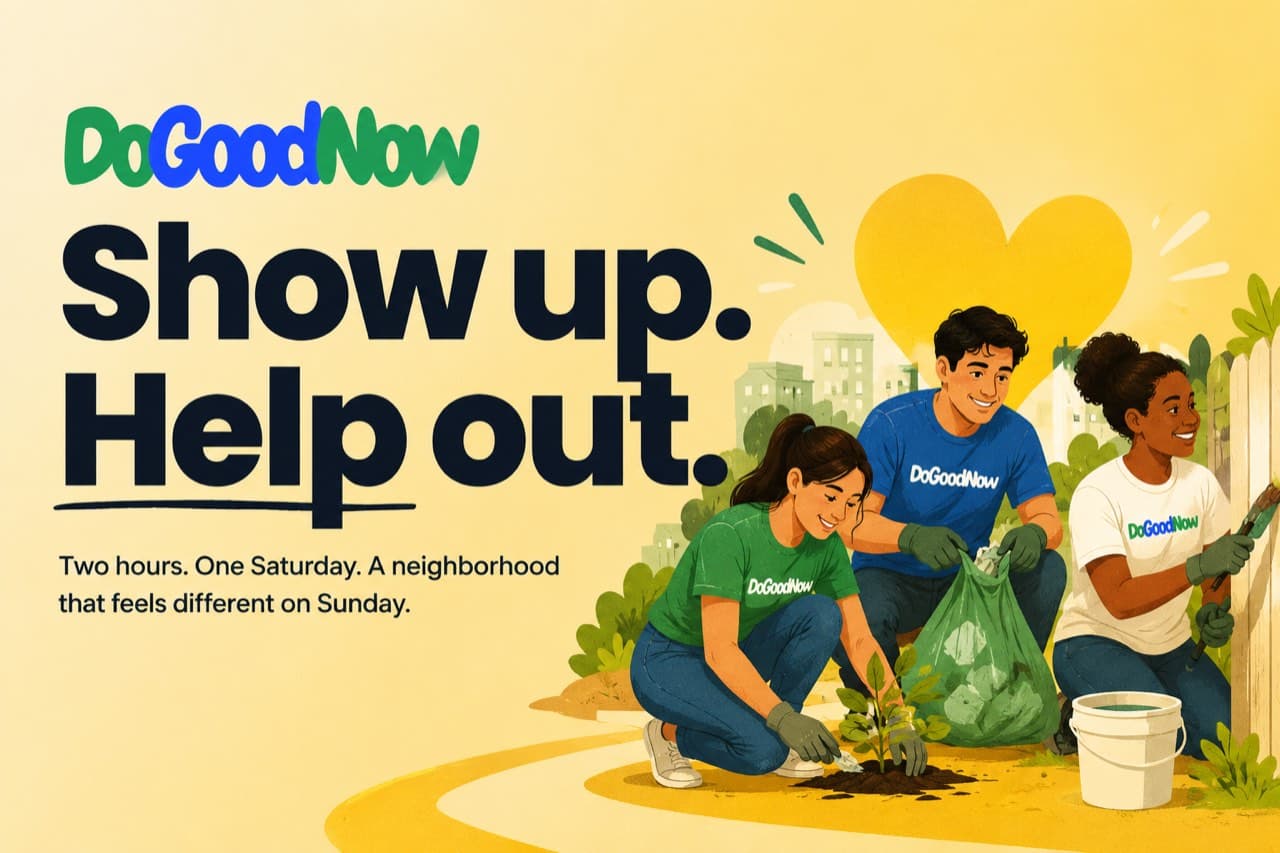 DoGoodNow: Show up. Help out. Three neighbours planting and clearing a verge together on a Saturday morning.