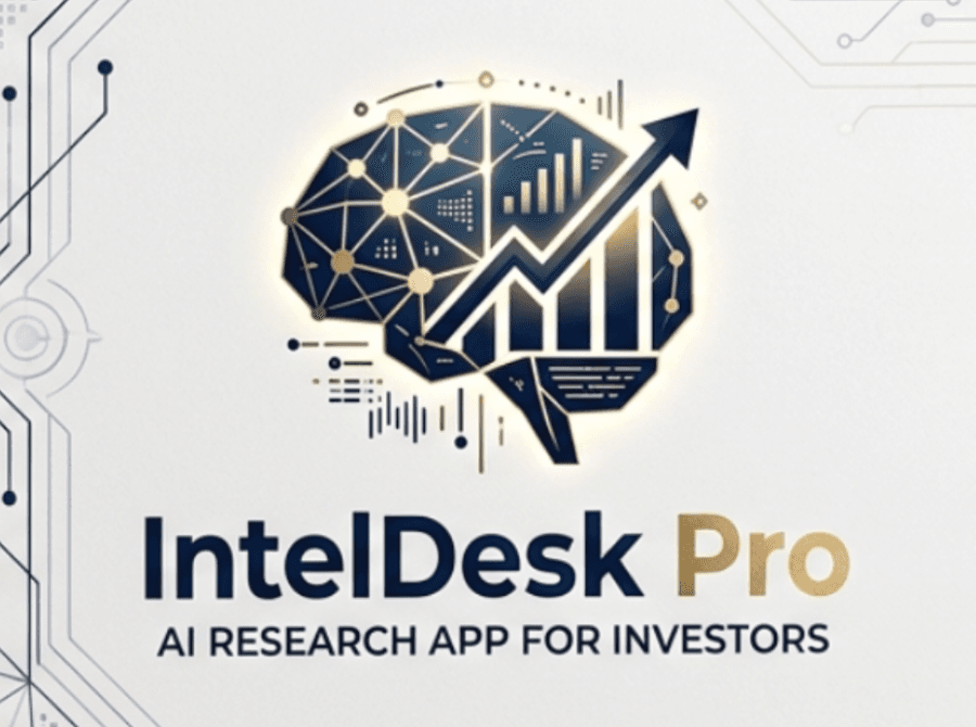 The IntelDesk Pro logo: a brain drawn from charts, nodes and a rising trend line, with the line AI research app for investors.