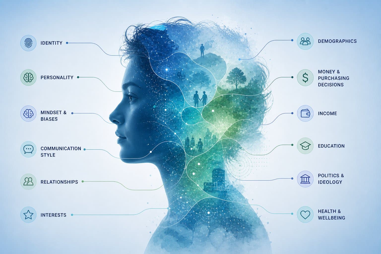A persona profile: identity, personality, mindset, communication style, relationships and interests on one side; demographics, money, income, education, politics and health on the other.